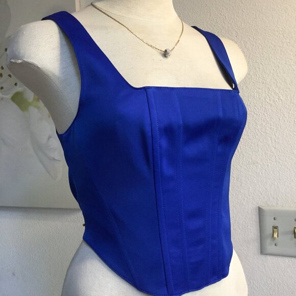 GUESS Corset Bustier Crop Top Wide Straps Square Neck Lined Zip Back Blue XS - Picture 4 of 8